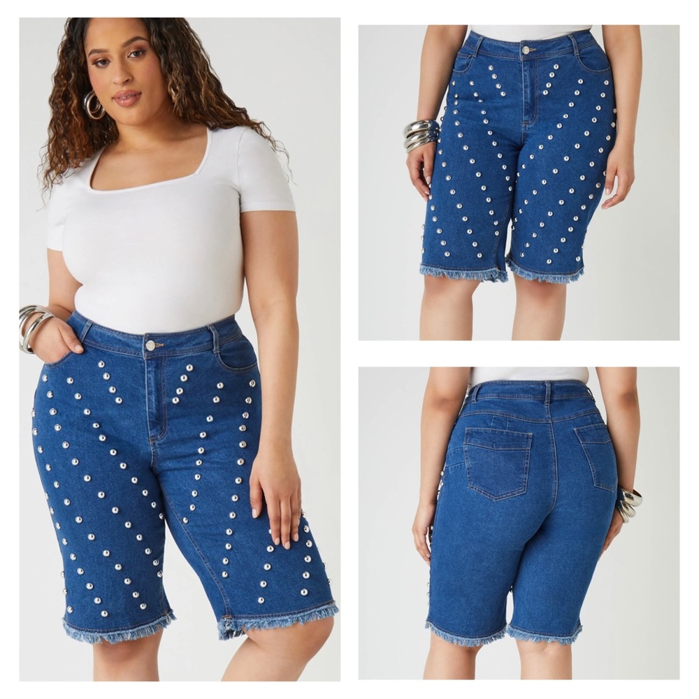 Blue Denim Pearl Embellished Shorts